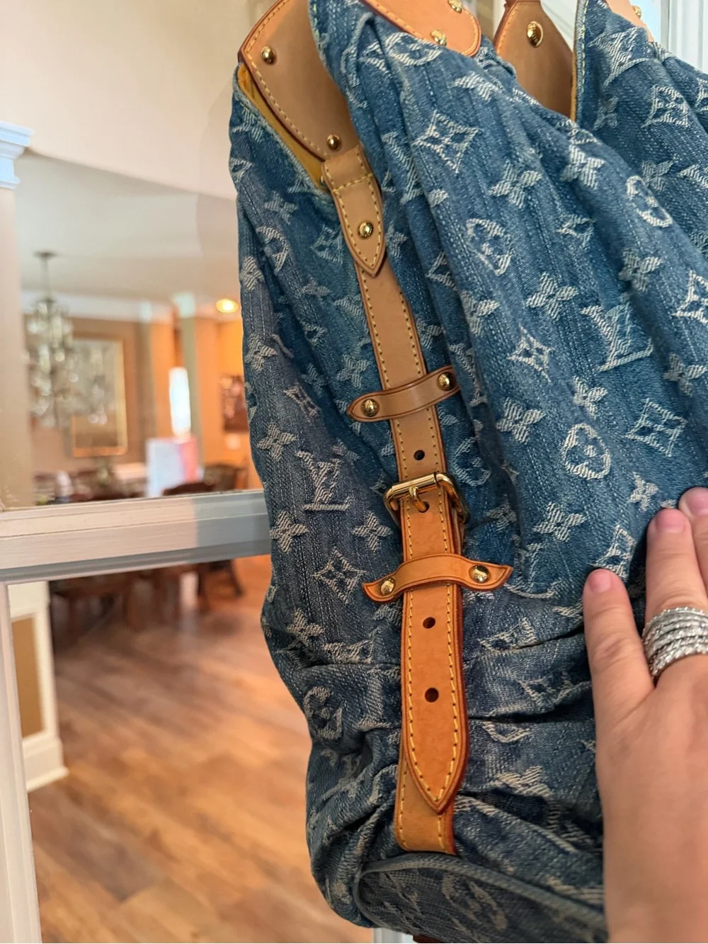Louis Vuitton Blue Monogram Denim Shoulder XL Hobo with Tan Trim